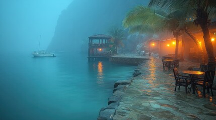 Obraz premium Misty Harbor Serenity: A Nighttime Coastal Escape