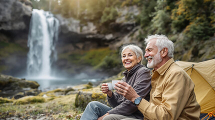 Elderly caucasian couple enjoying nature by waterfall on camping trip