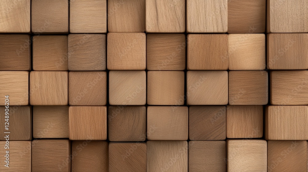Poster a close-up of a textured arrangement of various wooden blocks, showcasing different shades and finis