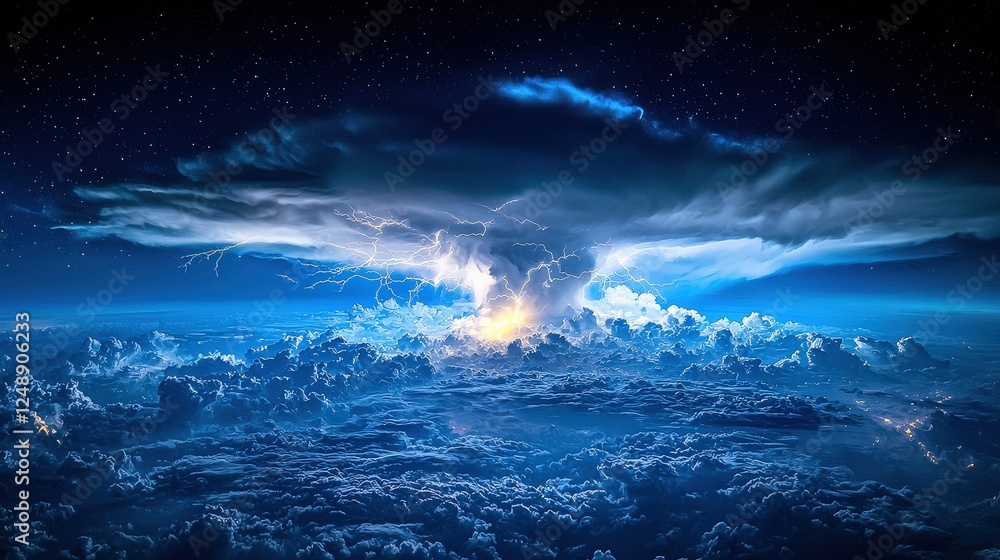 Poster a mesmerizing view of a thunderstorm from an airplane window, with lightning illuminating the clouds