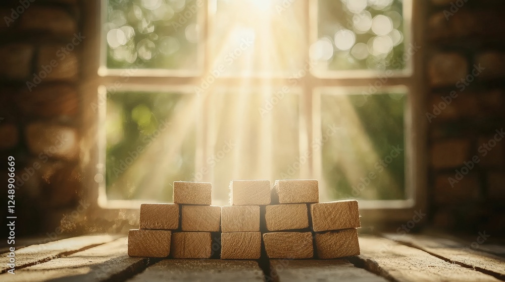 Poster a warm glow of sunlight streams through a window, illuminating stacked bricks on a wooden floor, cre