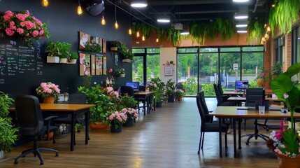 Fototapeta premium A cozy workspace adorned with plants and flowers, featuring wooden tables and large windows for natural light.