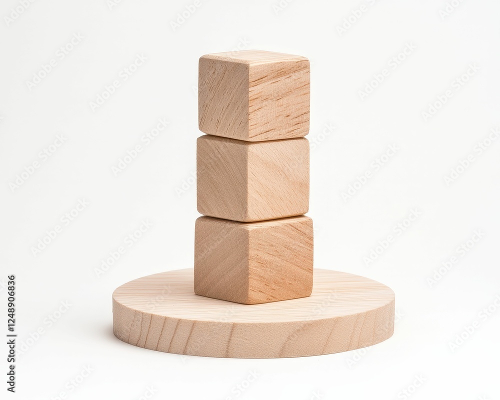 Poster A simple wooden stacking toy with three cubes arranged vertically on a circular base, showcasing minimalist design and natural materials.