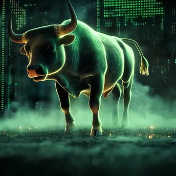 3D animation bull market on the stock exchange, crypto, forex. Candles of the stock market, price up. Bull Run.