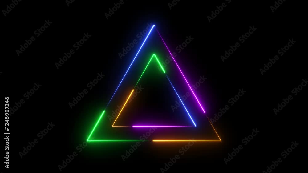 Poster animation of glowing neon triangle frame background. neon rainbow color frame.
