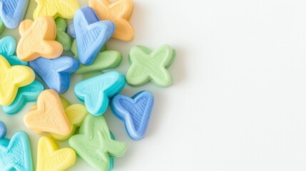 Colorful Pastel Butterfly And Heart Shaped Candies On White Background