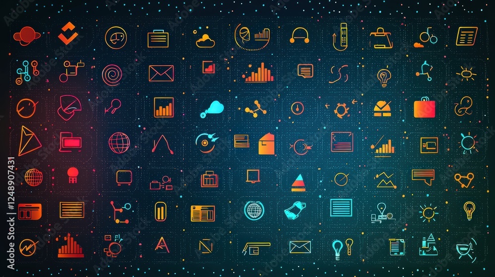 Poster a neatly arranged collection of abstract digital icons, representing various concepts like communica