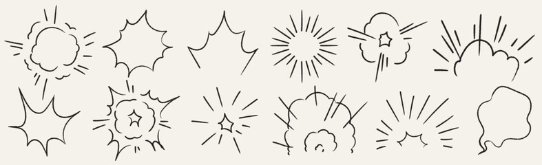 Fototapeta premium Bomb explosion in cartoon doodle hand drawn comic naive outline style with charcoal, wax crayon, brush stroke sound effect. Vector illustration of dust boom bang explosion clouds manga drawing.