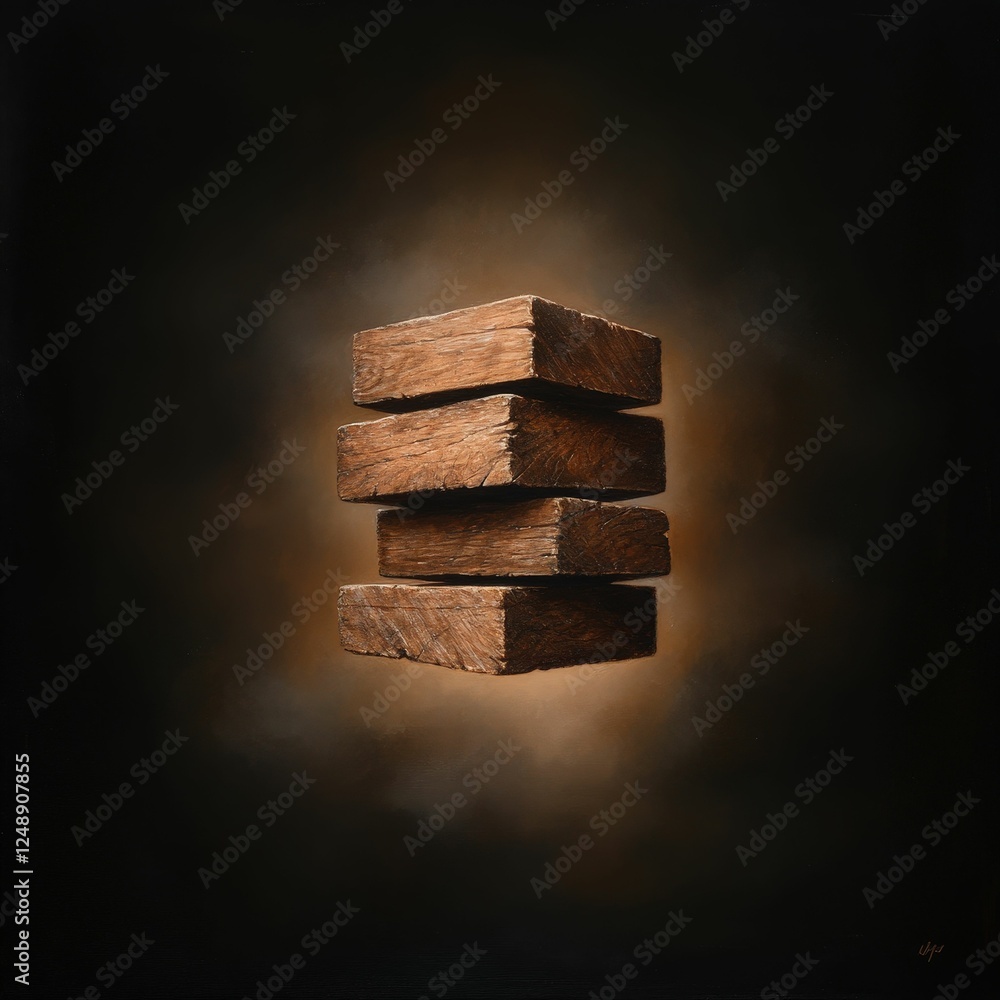 Poster a stack of four wooden blocks is illuminated against a dark background, creating a striking contrast