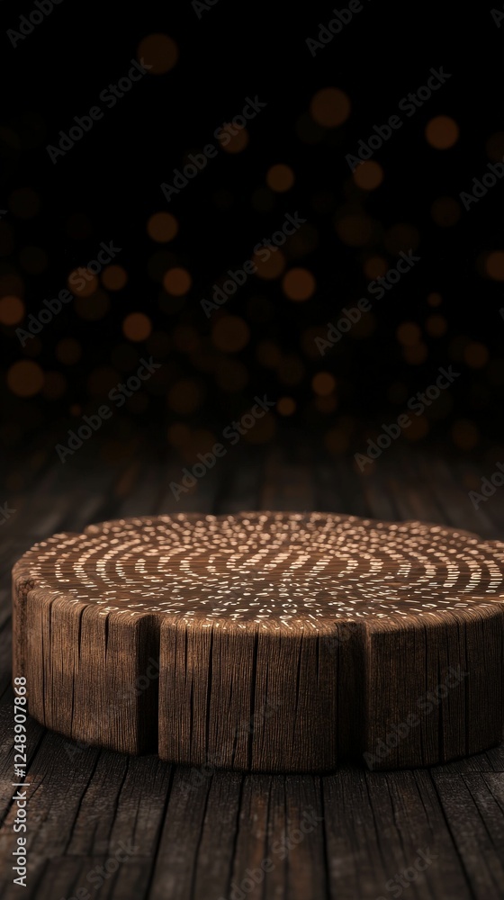 Poster a polished wooden log sits on a dark background, illuminated by soft bokeh lights, creating a warm a