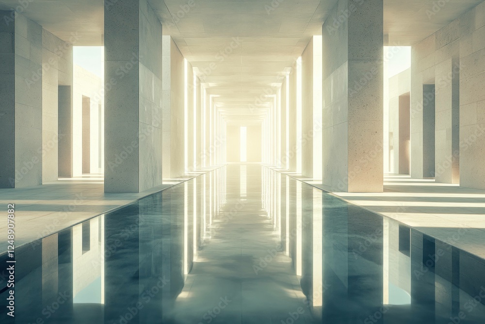 Poster dreamy abstract corridor with soft light reflecting in a serene water pool, creating a tranquil and 