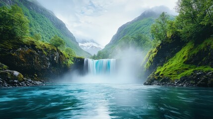 Fototapeta premium A powerful waterfall hidden in the mountains, with white mist rising as water crashes onto the rocks below.