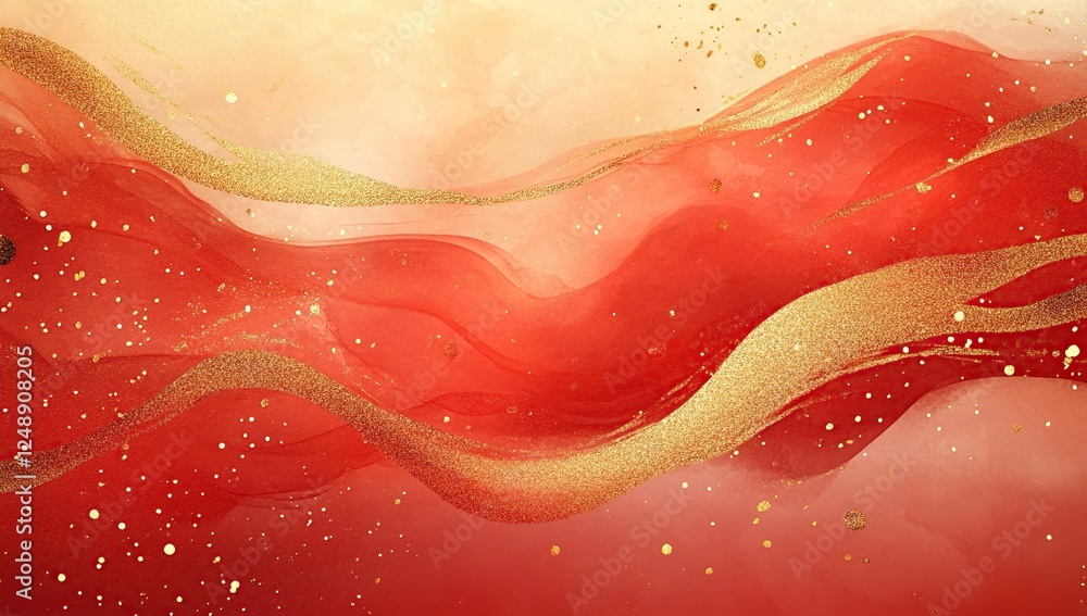Poster red and gold abstract waves flowing dynamically, elegant design with glitter, luxurious texture back