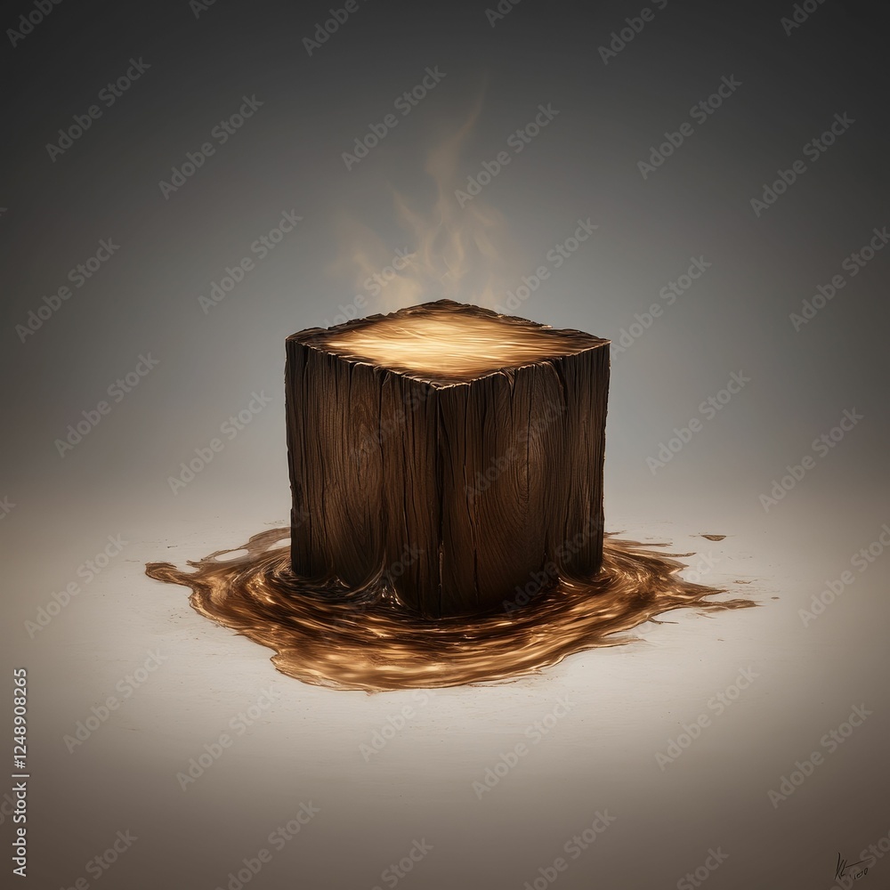 Poster a stylized wooden block emits steam, surrounded by a liquid that appears to be dark and rich, creati