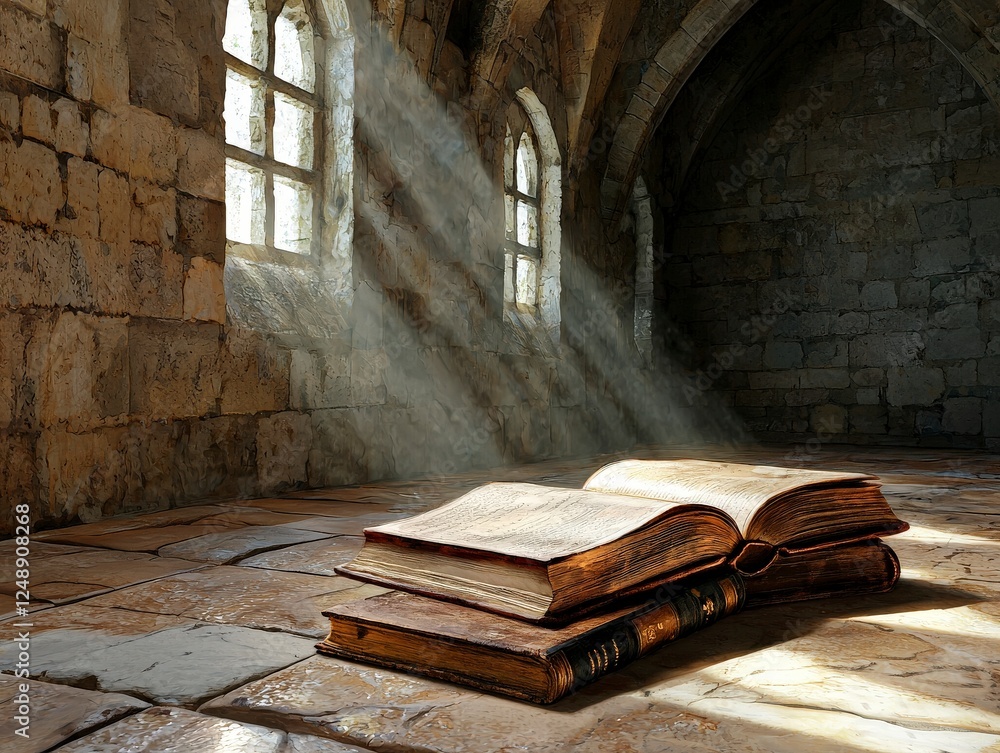 Poster ancient open books resting on stone floor in dimly lit room with sunlight streaming through windows