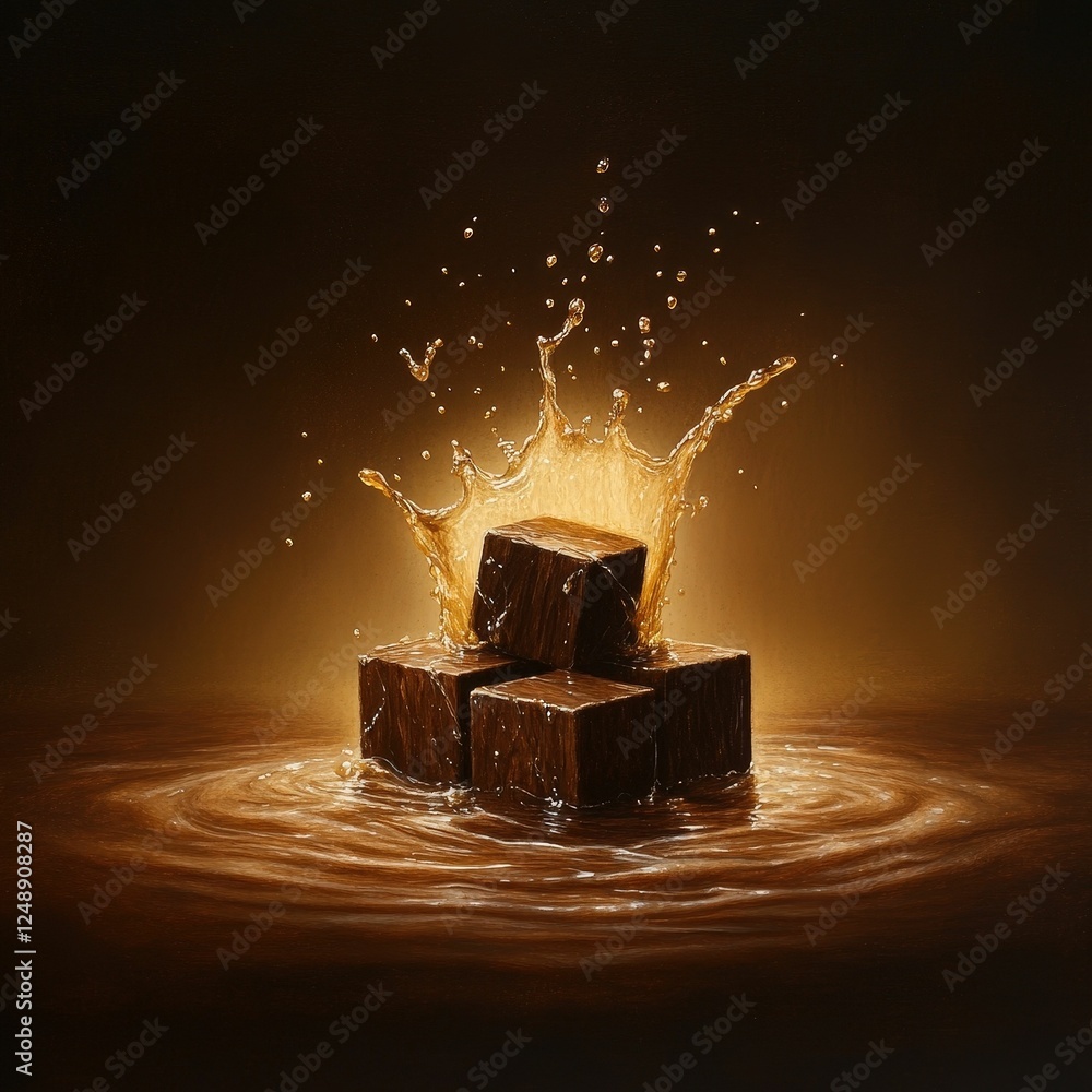 Poster the image features brown cubes splashing into a liquid, creating a dramatic effect with golden highl