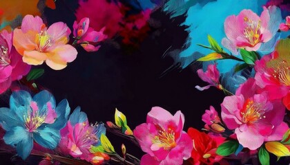 Fototapeta premium Sakura border frame blossom on black background with copy space