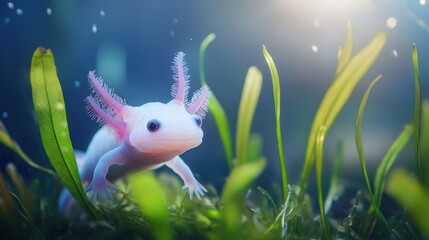 Axolotl surrounded by freshwater plants with a glowing underwater effect