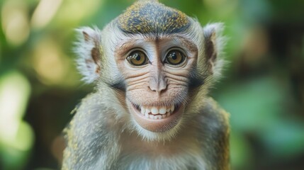 Smiling monkey in lush jungle, close-up portrait
