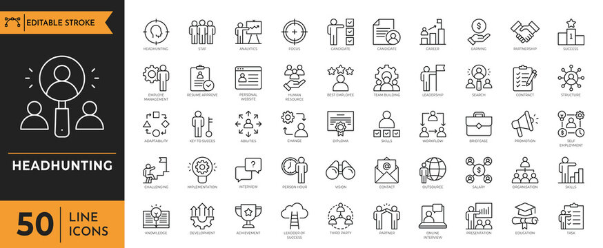 Headhunting icon set. Recruitment, career, resume, work group, candidate, job hiring, and more. Vector illustration.