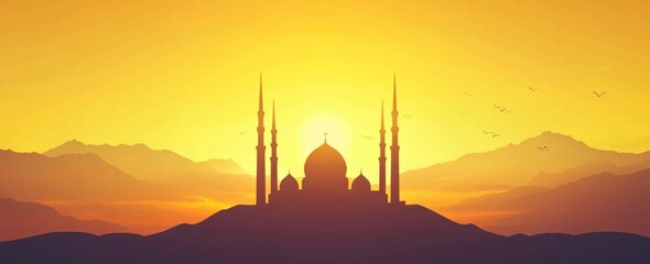 Sunset Mosque Silhouette, Mountain Landscape