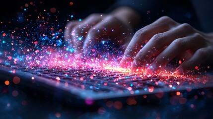 Hands Typing on a Keyboard with Energetic Colorful Sparks and Light Trails Creating an Abstract Technology Concept in a Dark Background