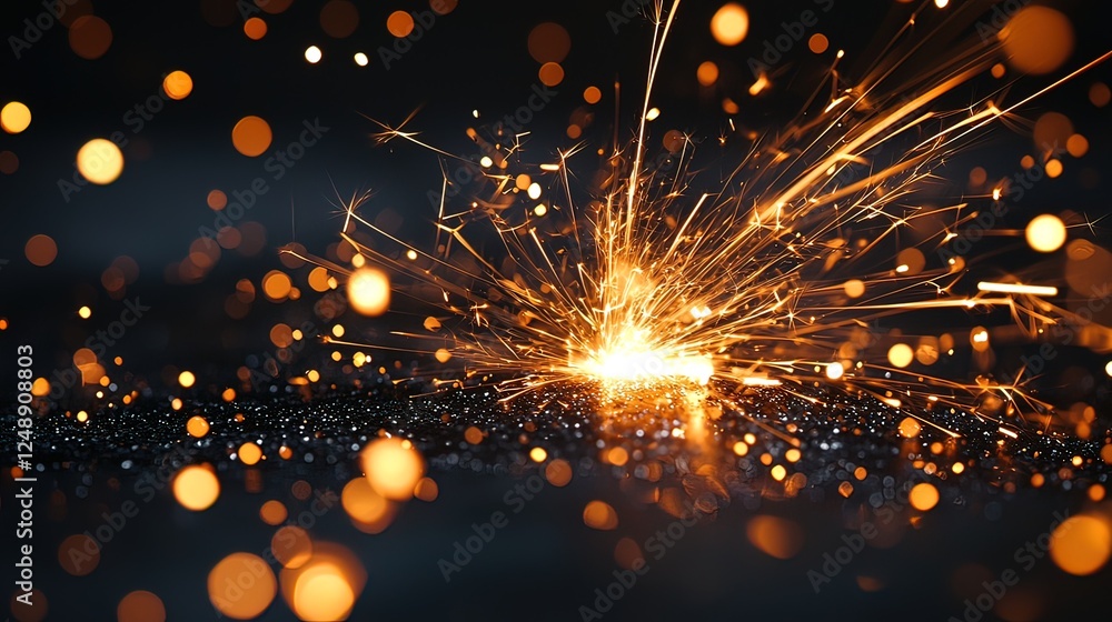 Poster sparkling sparks exploding on dark surface.