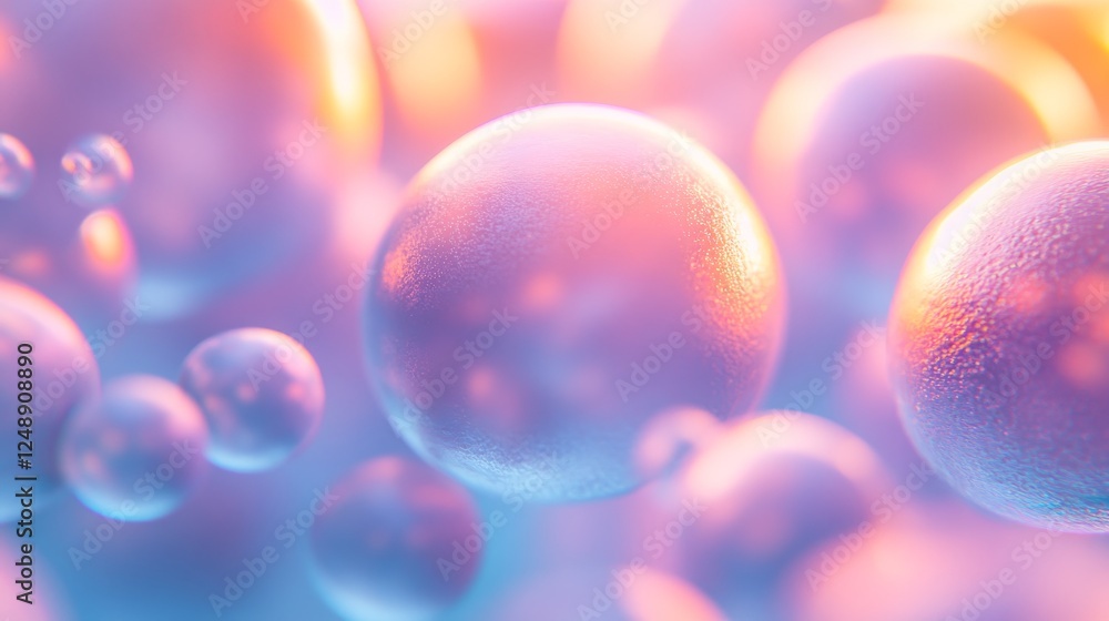 Poster shiny iridescent spheres float gently in a gradient colored space