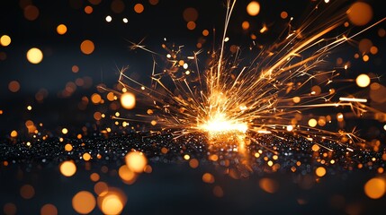 Sparkling sparks exploding on dark surface.