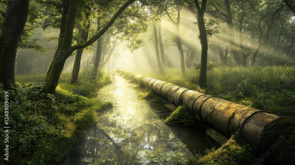 Poster serene forest scene with sun rays illuminating a moss-covered pipeline beside a tranquil stream