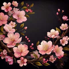Fototapeta premium Sakura border frame blossom on black background with copy space