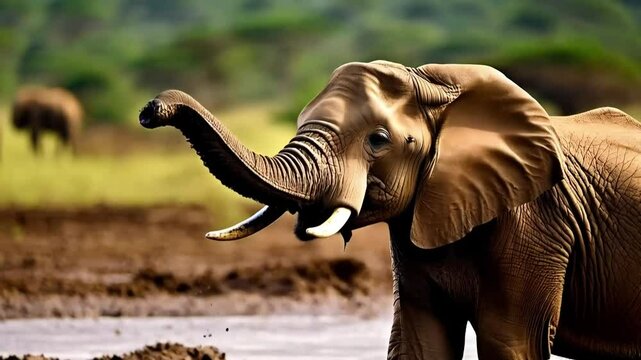 A playful portrait of an elephant calf splashing in the mud, with its trunk raised and its body covered in earth.
