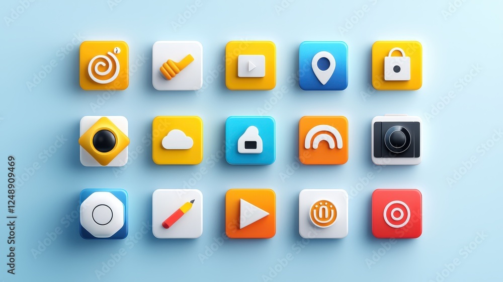 Poster a stylish simple icon pack with bold shapes and a flat design, perfect for branding and web applicat