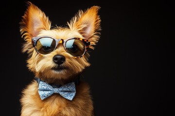 Naklejka premium A cute dog with sunglasses and a bow tie posing against a dark background.