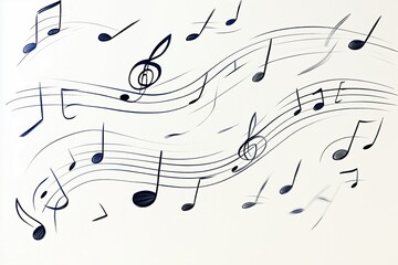 Abstract illustration of musical notes flowing across a white background.