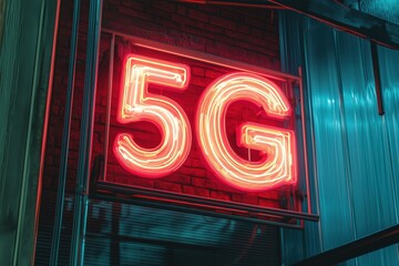 A glowing neon sign displaying '5G' in bright red against a dark background.