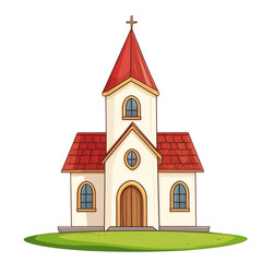 Colorful cartoon church with a red roof and vibrant surroundings, isolated on transparent or white background
