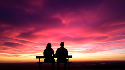 Obraz premium silhouette of a couple sitting on a bench at sunset, ai generated