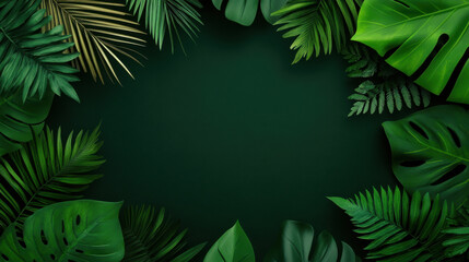 Lush green tropical leaves frame dark background, creating vibrant and natural atmosphere. Perfect for nature themed designs or backgrounds