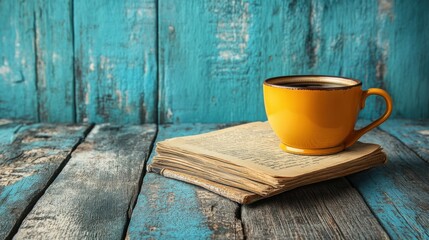 Cup of coffee resting on a book with daily affirmations and copy space for text or design elements