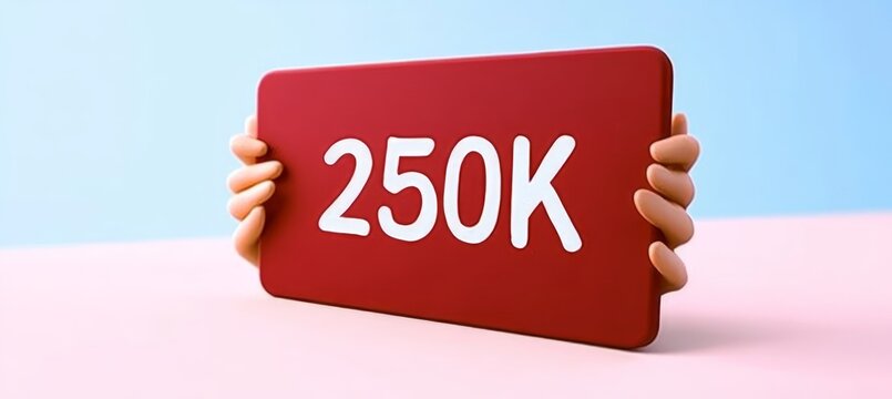 Cartoon Hands Holding Red Placard with 250K Text, Social Media Followers Celebration Concept