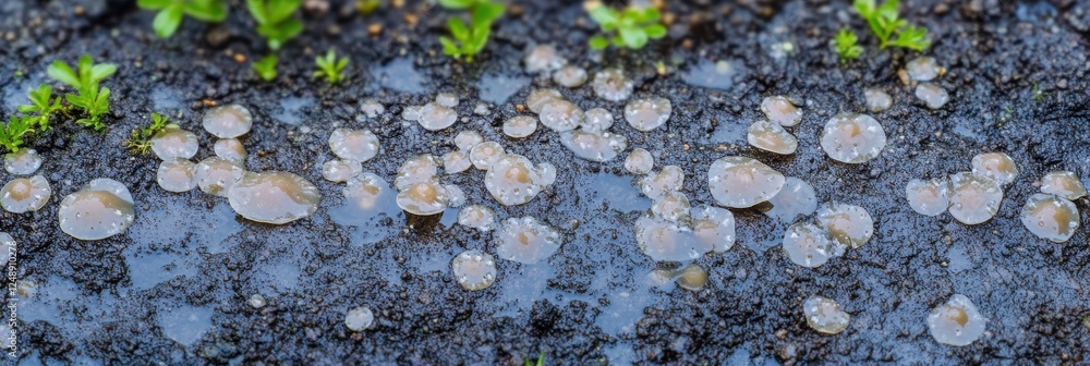 Poster raindrops creating pattern on muddy surface with emerging green plants