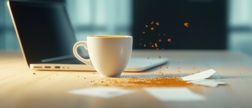 spilled coffee on desk with laptop