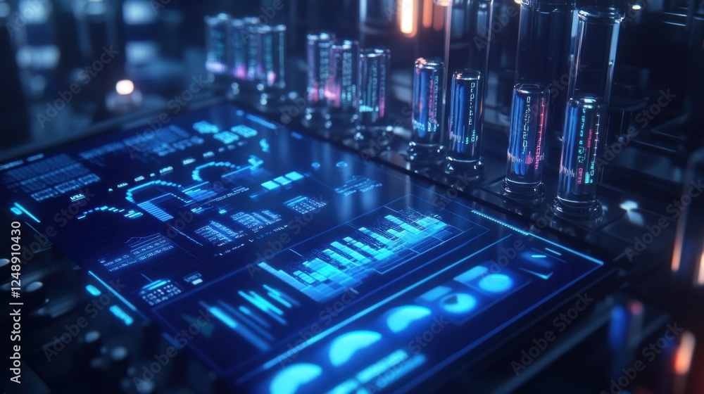 Poster futuristic digital interface displaying complex data visualizations, glowing in blue hues. high tech