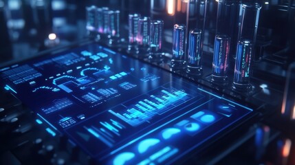 Obraz premium Futuristic digital interface displaying complex data visualizations, glowing in blue hues. High tech environment suggests scientific research or data analysis in a modern laboratory setting