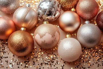 stylish flat lay of christmas decorations on an ivory background including golden silver and pink ornaments along with shiny confetti evoking holiday cheer