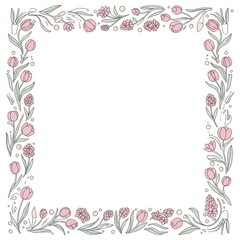 Fototapeta premium Elegant Floral Border Illustration with Delicate Pink Tulips and Leaves, Perfect for Wedding Invitations and Greeting Cards.