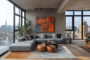 stylish industrial apartment showcases modern design elements featuring a chic grey sofa abstract wall art and panoramic city views through expansive windows
