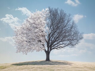 A tree with one side full of blossoms and the other bare branches, symbolizing duality