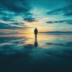 Man standing on beach at sunset with reflective pose and open space for text and design elements
